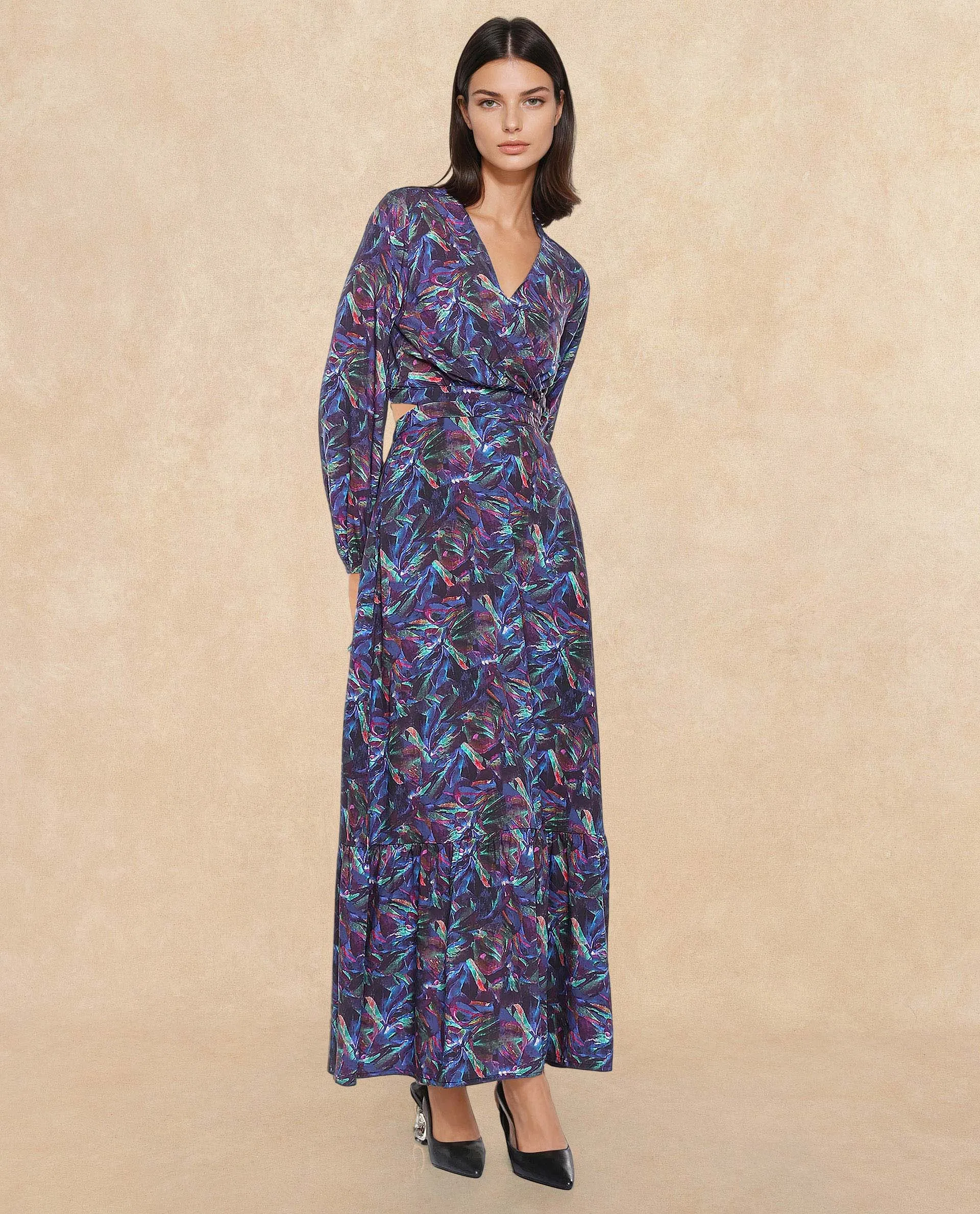 Rareism Women Seppo Dark Multi Viscose Fabric Bishop Sleeves Over Lap Neck Fit And Flare Maxi Abstract Print Dress
