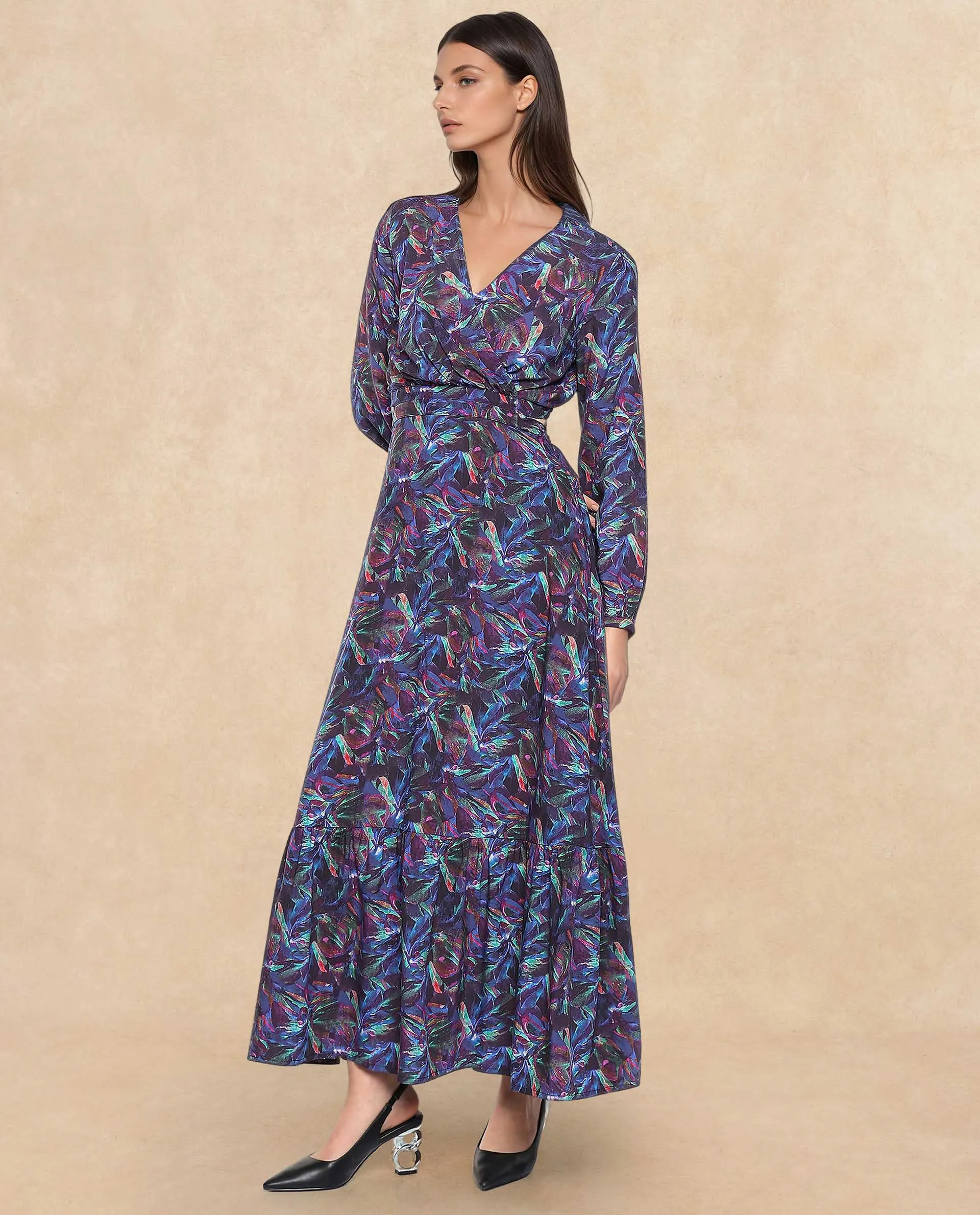 Rareism Women Seppo Dark Multi Viscose Fabric Bishop Sleeves Over Lap Neck Fit And Flare Maxi Abstract Print Dress