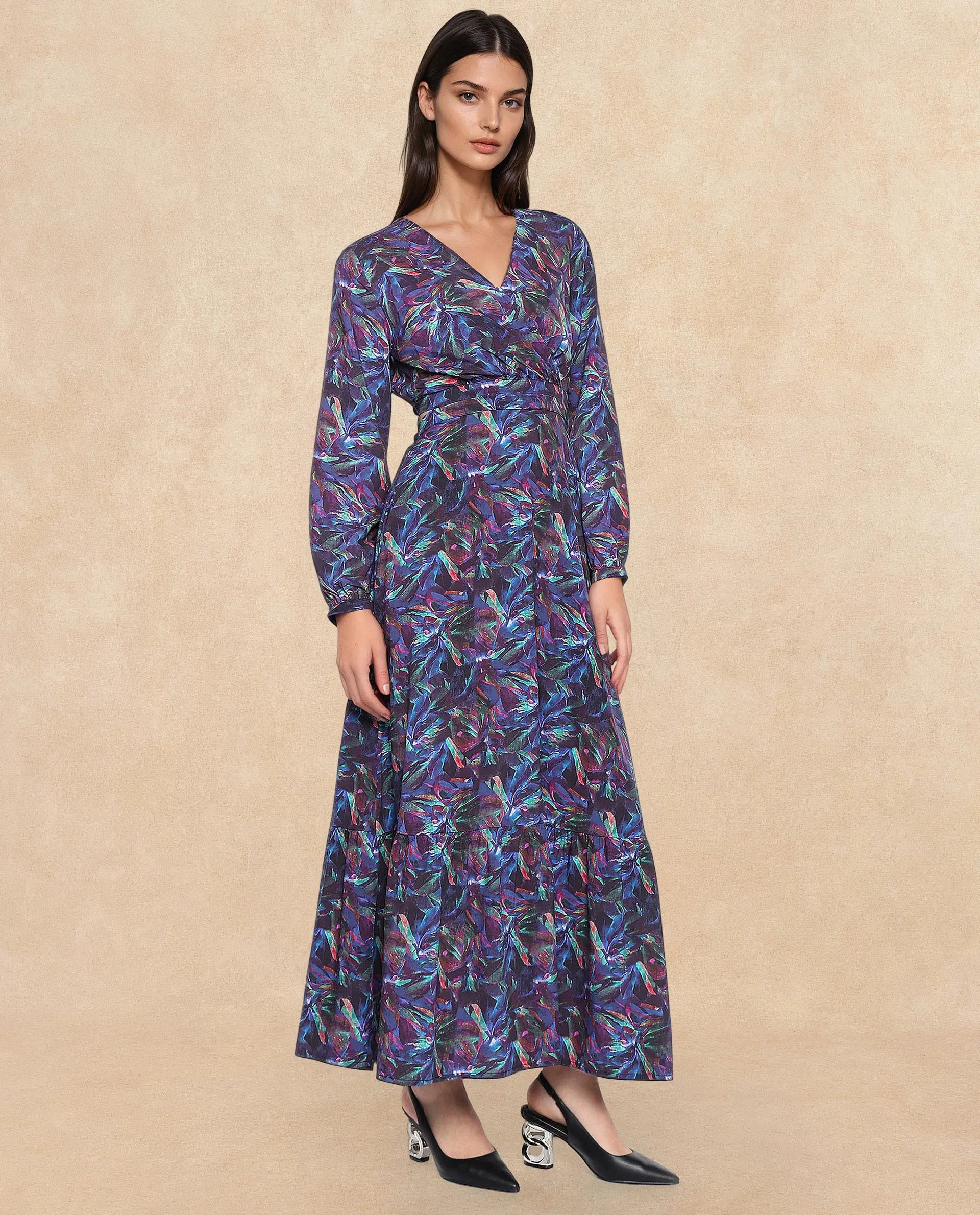 Rareism Women Seppo Dark Multi Viscose Fabric Bishop Sleeves Over Lap Neck Fit And Flare Maxi Abstract Print Dress