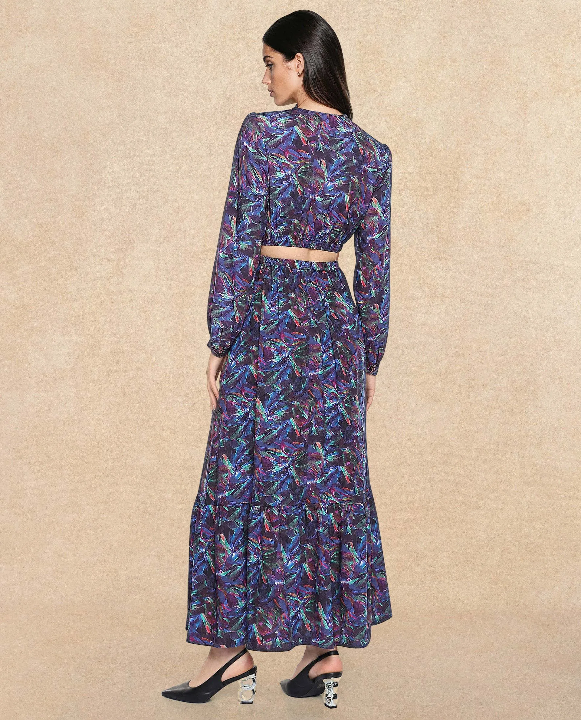 Rareism Women Seppo Dark Multi Viscose Fabric Bishop Sleeves Over Lap Neck Fit And Flare Maxi Abstract Print Dress