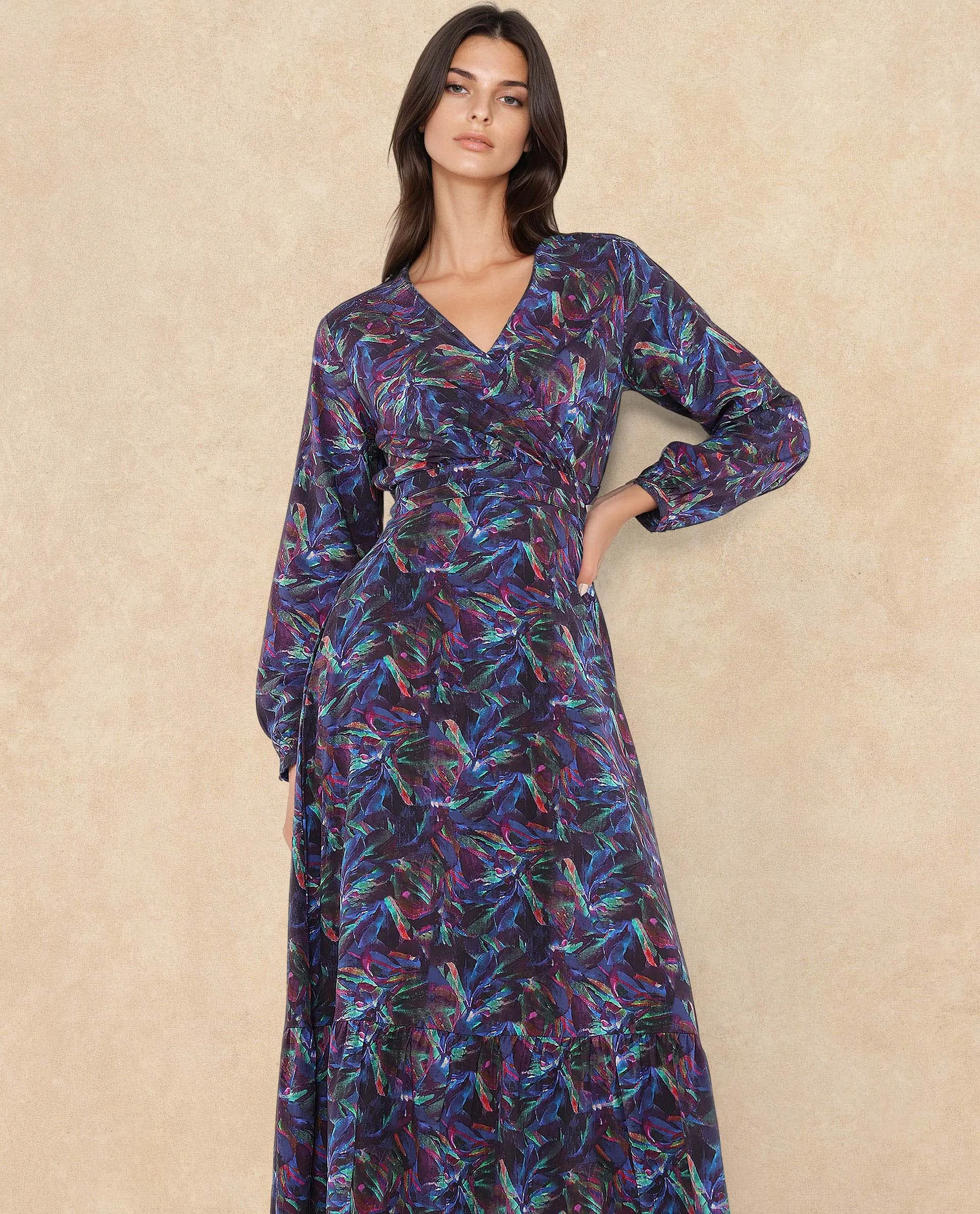Rareism Women Seppo Dark Multi Viscose Fabric Bishop Sleeves Over Lap Neck Fit And Flare Maxi Abstract Print Dress