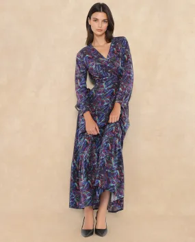 Rareism Women Seppo Dark Multi Viscose Fabric Bishop Sleeves Over Lap Neck Fit And Flare Maxi Abstract Print Dress