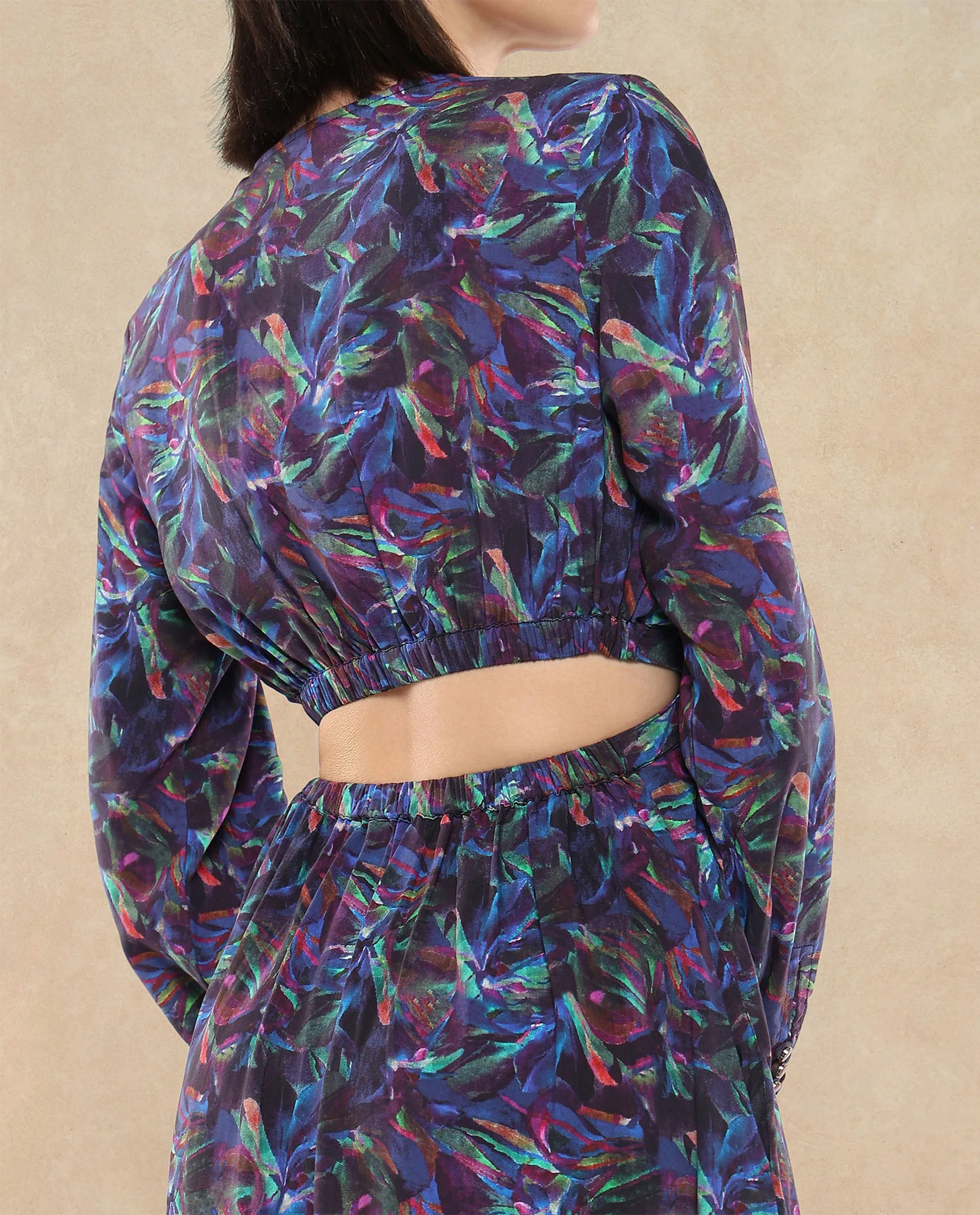 Rareism Women Seppo Dark Multi Viscose Fabric Bishop Sleeves Over Lap Neck Fit And Flare Maxi Abstract Print Dress