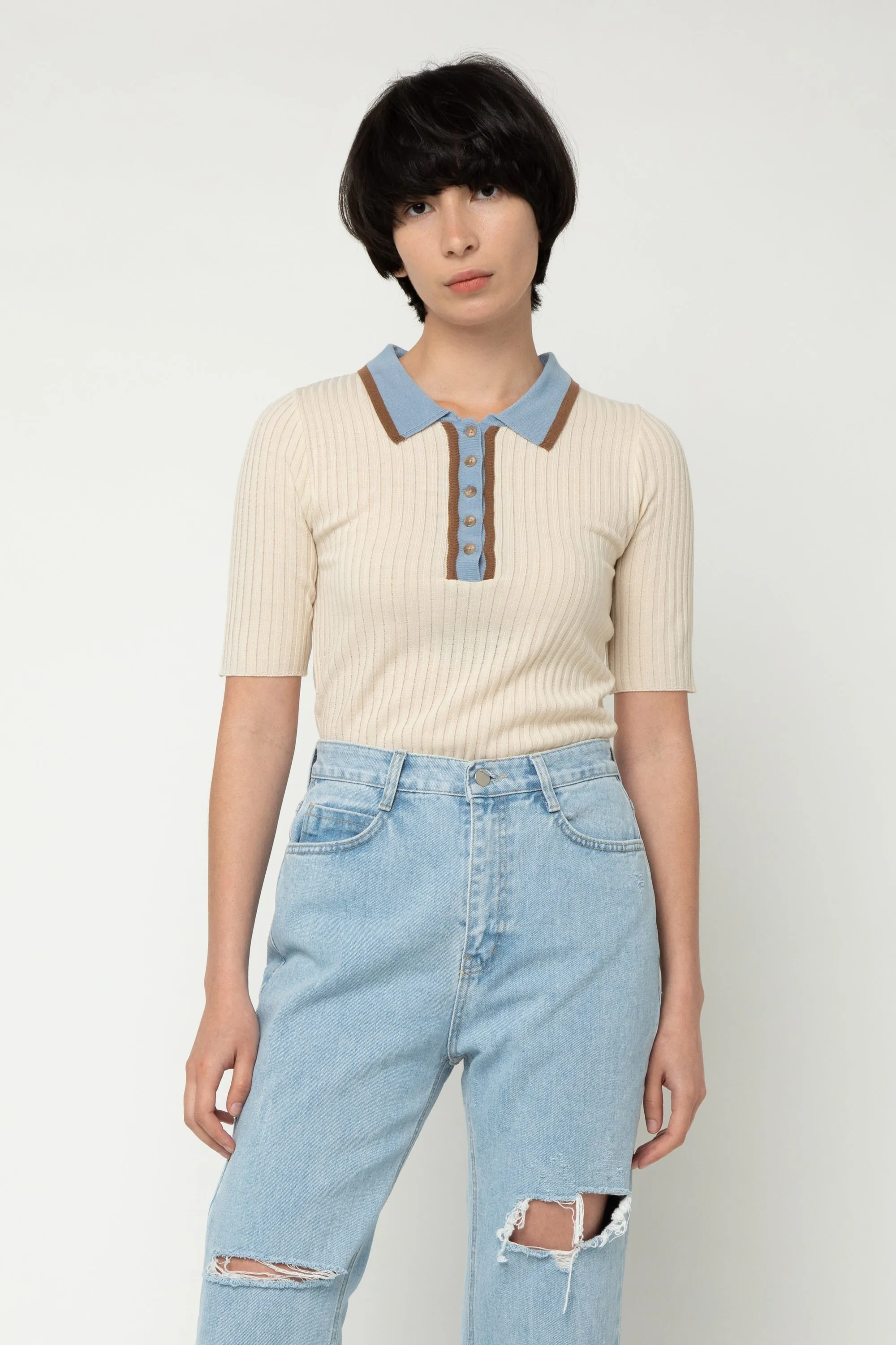 RIBBED COLLARED TOP