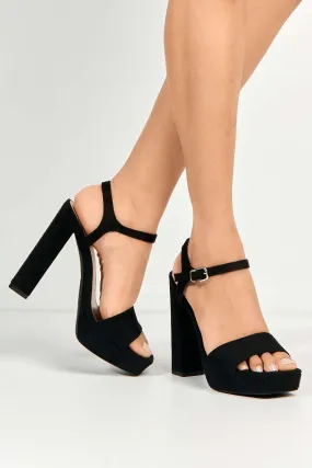 Sayra Ankle Strap Platform Block Heel Sandals in Black Suede
