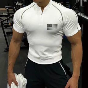 USA FLAG 1/4 ZIPPER MONK COLLAR RAGLAN ACTIVE QUICK-DRY POLO SHIRT