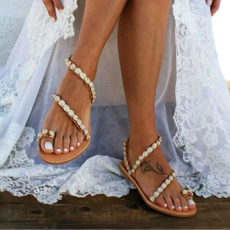 Women New Rhinestone Sandals Flat Shoes Spot Sandals
